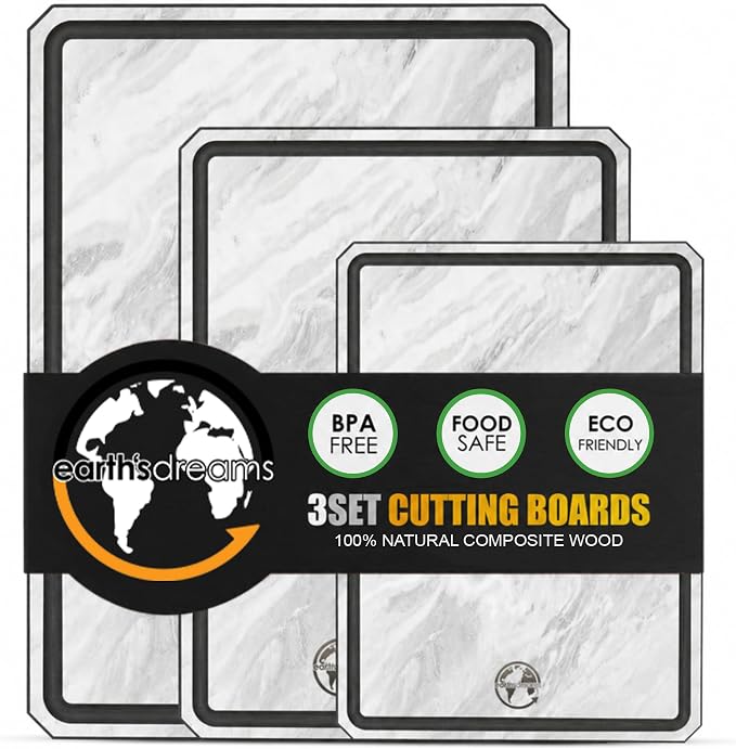 Earth's Dreams Composite Wood Cutting Board Set of 3 – Dishwasher Safe Kitchen Cutting Boards with Marble Stone Look – Large, Medium & Small Chopping & Charcuterie Boards