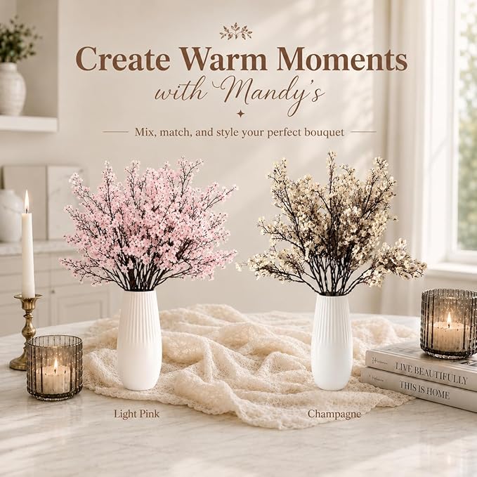 Mandy's Champagne Artificial Baby’s Breath Flowers 6 Bundles Silk Gypsophila, 18.5 Inch European Style Modern Home Decor Centerpiece, Neutral Wedding Flower Arrangements