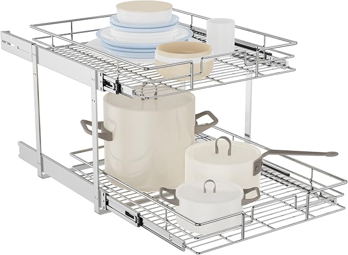 LOVMOR Individual Pull Out Cabinet Organizer, 2 Tier Cabinet Drawers Slide Out, Pots and Pans Organizer and Storage Pantry Shelf for Kitchen (20" W x 21" D)