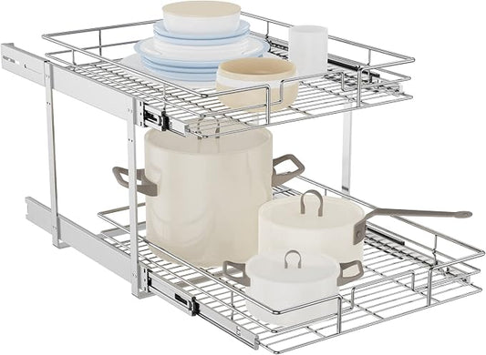 LOVMOR Individual Pull Out Cabinet Organizer, 2 Tier Cabinet Drawers Slide Out, Pots and Pans Organizer and Storage Pantry Shelf for Kitchen (20" W x 21" D)