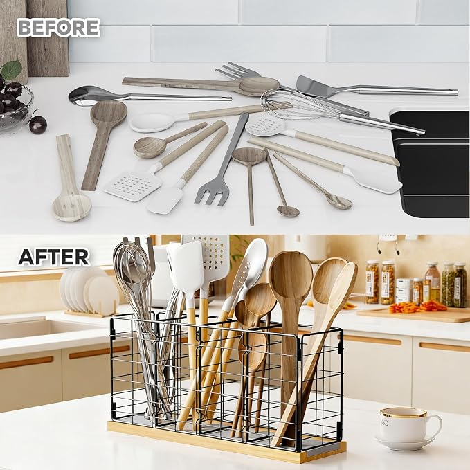NiHome Large Black Metal Kitchen Utensil Organizer with 4 Compartments