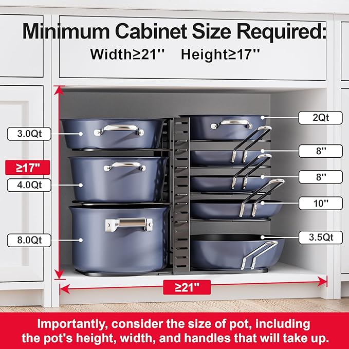 ORDORA Pots and Pans Organizer Under Cabinet 14.55" Height, Adjustable 8-Tier Pot Organizers inside Cabinet, Kitchen Organizers and Storage Fit 6-11 inch Lightweight Cookware