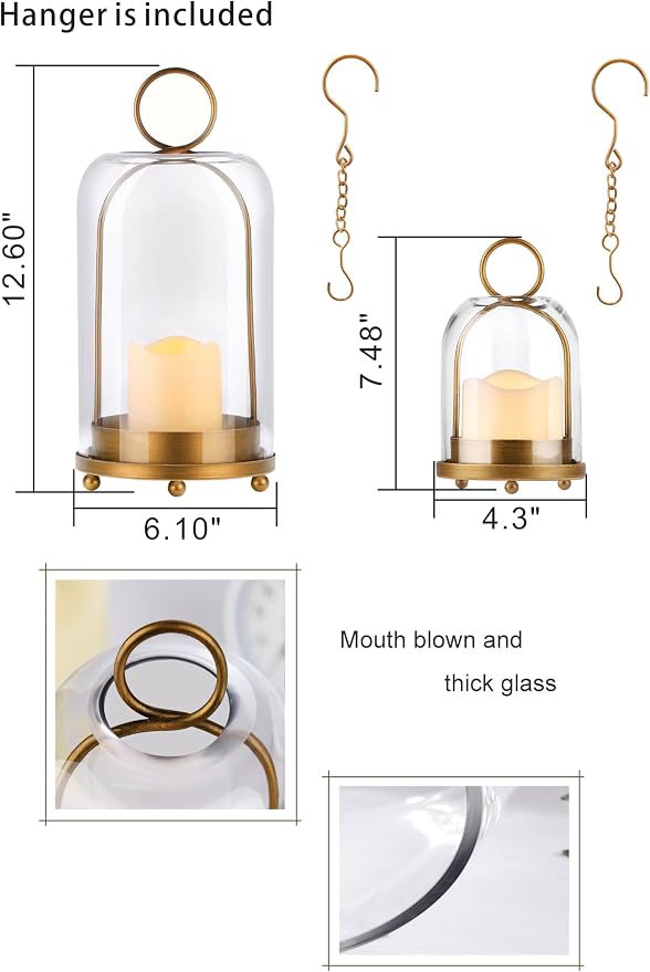 6" & 4" Wide Versatile Modern Metal Hurricane Lantern with Handmade Sturdy Glass Dome in Vintage Brass for Pillar Candle & Plants, Industrial, Farmhouse, Shabby Chic (Brass, 4"x7.5" &6.3"x11.2")