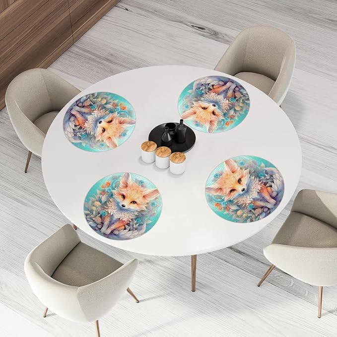 Round Placemats Set of 4, Watercolor Cute Animal Fox Flowers Woven Placemats Mats Non-Slip Heat Resistant Washable Table Mats Round Braided Place for Farmhouse Kitchen Dining Party Decor 15in