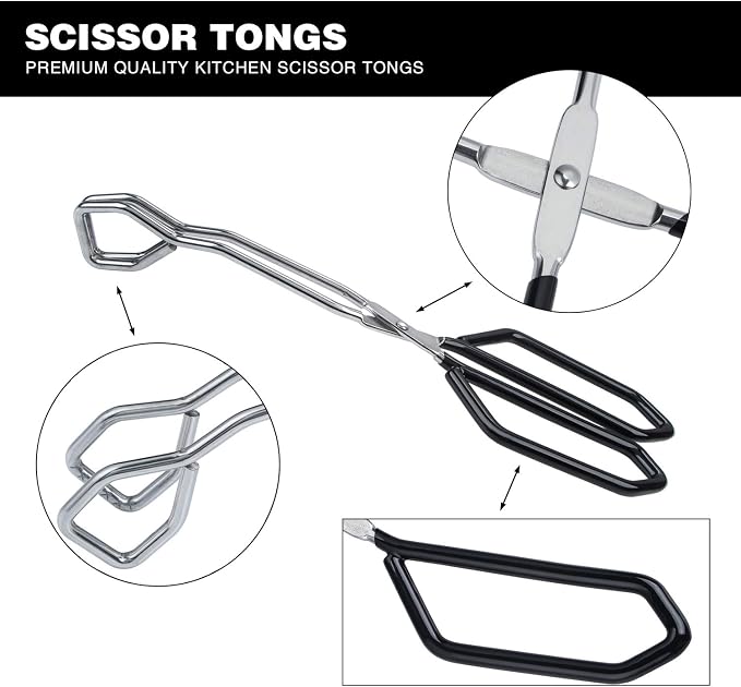 MSY BIGSUNNY Scissor Tongs Heavy Duty Cooking Tongs with Soft Handles (Stainless Steel, black 11")