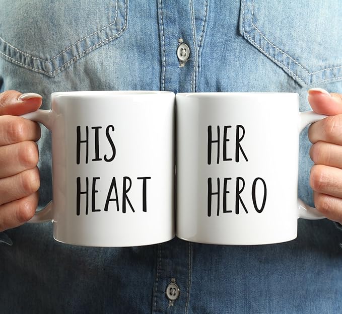 Andaz Press Funny Couples 11 oz Ceramic Coffee Mugs, His Heart, Her Hero, His and Hers Mugs Set of 2, Valentines Day Coffee Mug for Him and Her, Mr and Mrs Mugs, Couple Mugs for Husband and Wife