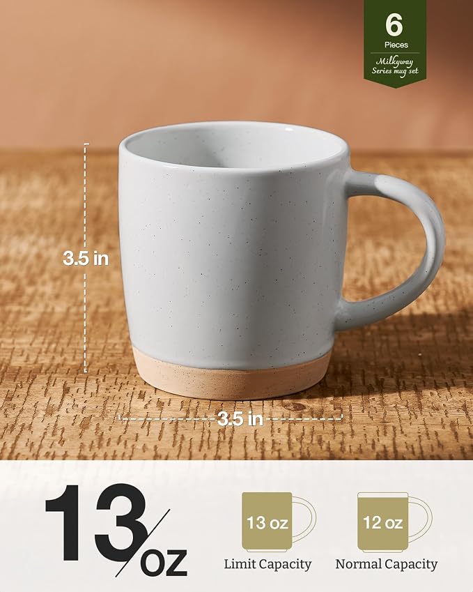 famiware Coffee Mugs for 6, 13 oz Mug Set, Dringking Cup with Handle for Coffee, Tea, Cocoa, Milk, Milkyway Serise, Ligth Gray