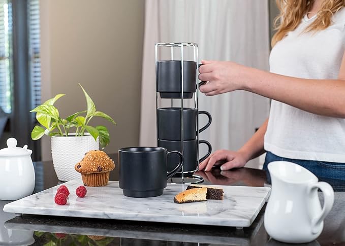 Nat & Jules Stacking Black 14 ounce Ceramic Stoneware Mugs With Stand Set of 4
