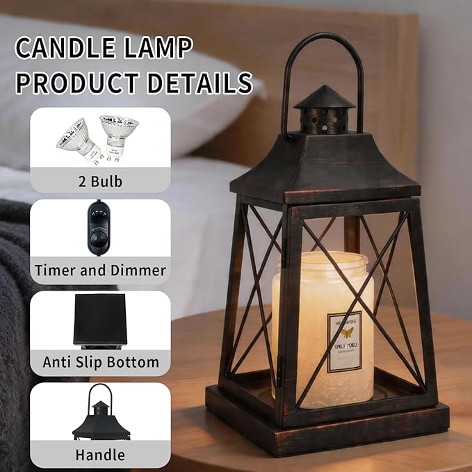 2026 New Candle Warmer Lamp with Timer,Compatible with 3 Wick Candles Jars,Vintage Candle Warmer Lantern Lamp,Dimmable Farmhouse Candle Lamp Warmer,Fully Enclosed and Hanging Up Designed