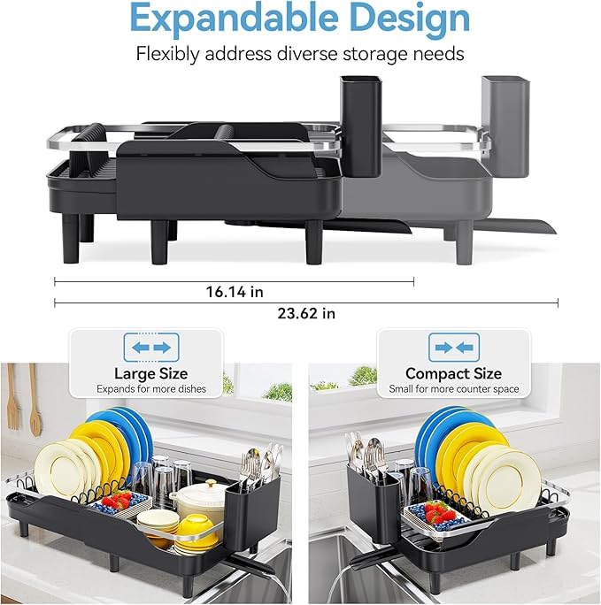 Urackify Dish Drying Rack for Kitchen Counter, Expandable Stainless Steel Dish Racks with Adjustable Water Spout, Space Saving Dish Drainer with Cutlery Holder,16.14"-23.62" L x 12.99" x 8.78",Black