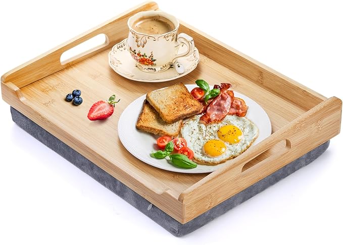 TOPZEA Bamboo Lap Tray with Detachable Cushion, 16.5"x 12.5" Bed Trays TV Lap Desk, Breakfast Meal Serving Tray with Handle for Adults Eating in Recliner, Couch, Car, Fits for 13-14 Inch Laptops