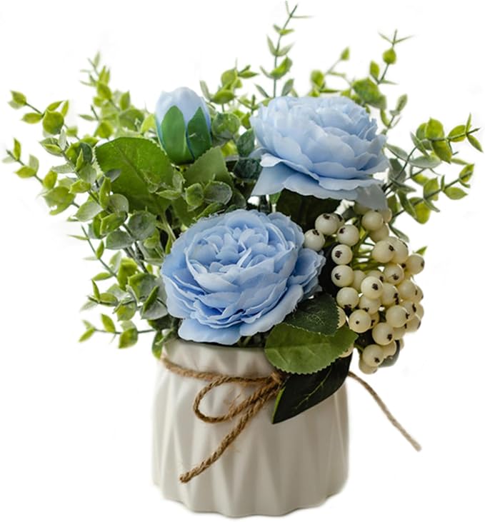 EOBTAIN Fake Flowers with Vase Blue Silk Flowers for Coffee Table Decor Faux Potted Flowers Decoration for Indoor Ceramic Vase with Artificial Flowers Home Decor,Dining Table Centerpiece.