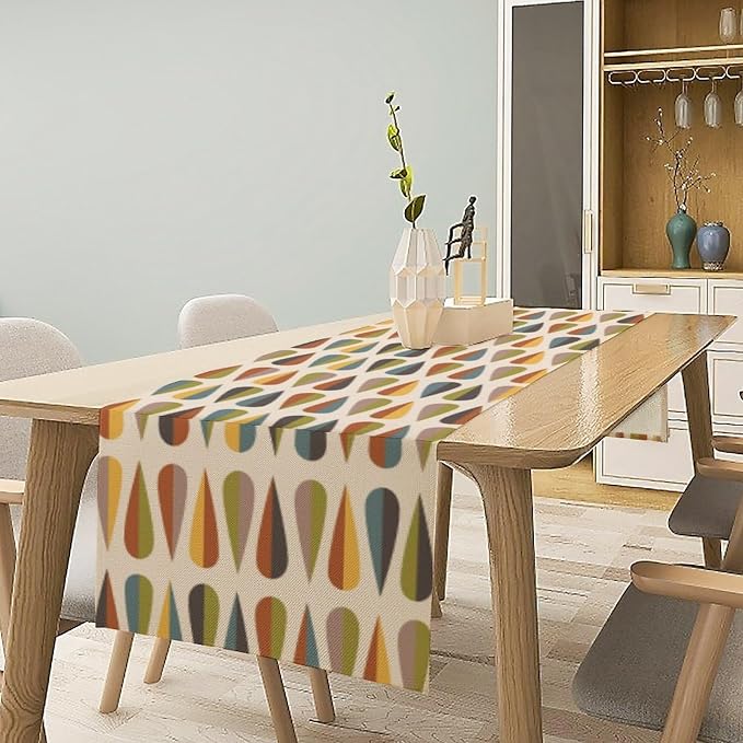 Mid Century Modern Table Runner, Abstract Geometric Drop Shapes Pattern Style Table Runner Country Farmhouse Cottage Linen Table Decoration for Home Kitchen Dining,13x120 Inch
