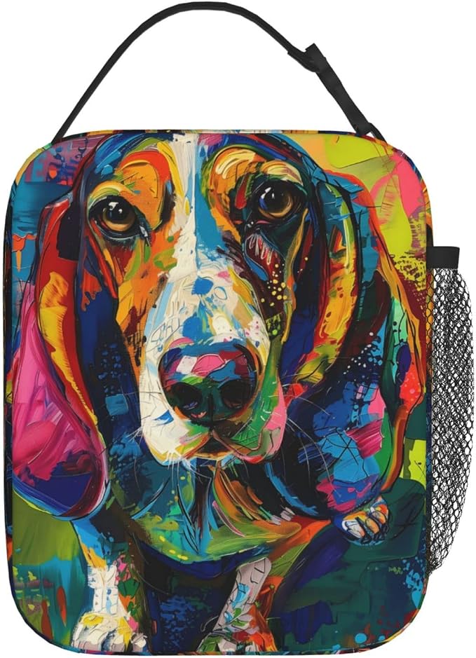 Reusable Basset Hound Lunch Box for Kids Girls Boys Women Adult, Insulated Cute Abstract Dog Lunch Bag,Polyester Cooler Handbags Case for School Picnic Work Travel Beach or Hiking