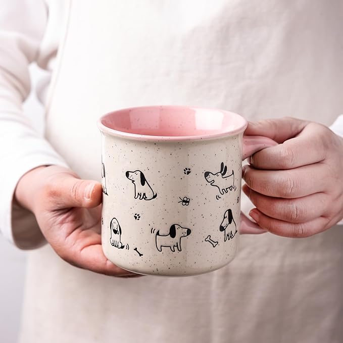 AmorArc 22 OZ Large Ceramic Coffee Mugs Set of 2, Oversized Mugs With Big Handle for Men Women Dad Mom, Big Mug With Textured Dogs Cats Patterns for Office & Home -Microwave Safe, 2 Pcs-Pink