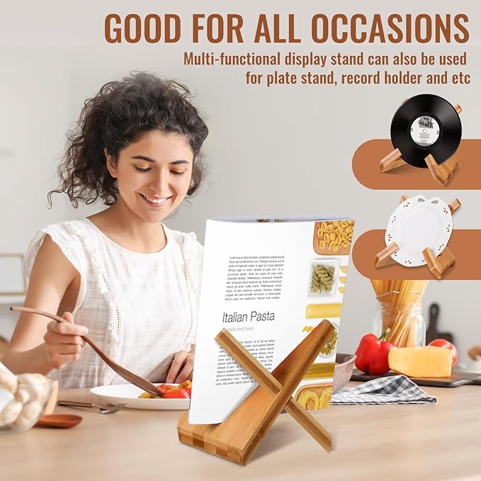 Cookbook Stand for Kitchen Counter, Kitchen Recipe Book Holder, Bamboo Wooden Cookbook Holder, Rustic Cook Bookstand Tablet Stand for Farmhouse Decor for Hardcovers, Magazine(Brown)