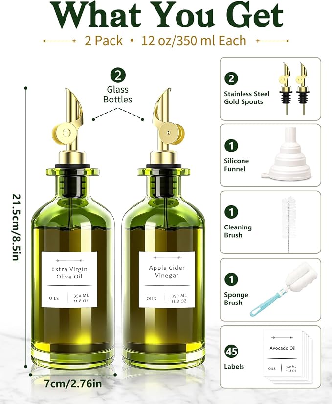COOLMI Olive Oil Dispenser Set of 2, Dark Green Glass Bottles, 12 oz | Gold Auto-Flip Spouts, Funnel, 2 Cleaning Brushes, and 45 Labels for Olive Oil, Vinegar, and Avocado Oil