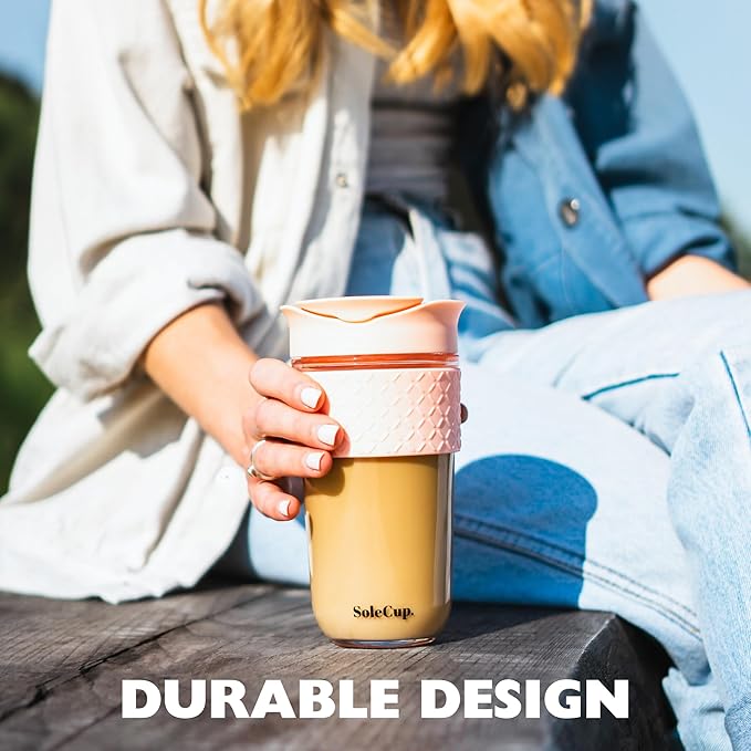 Large Travel Mug - Reusable Glass Coffee Mug - 18oz/530ml BPA-Free Hot Drink Travel Mug with Lid & Silicone Band (Red, 18oz)