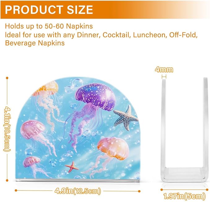 Napkin Holder Acrylic Napkin Holder for Table Kitchen Party Restaurant U Shaped Upright Napkin Dispenser Organizer Blue Jellyfishes Bubbles and Starfish