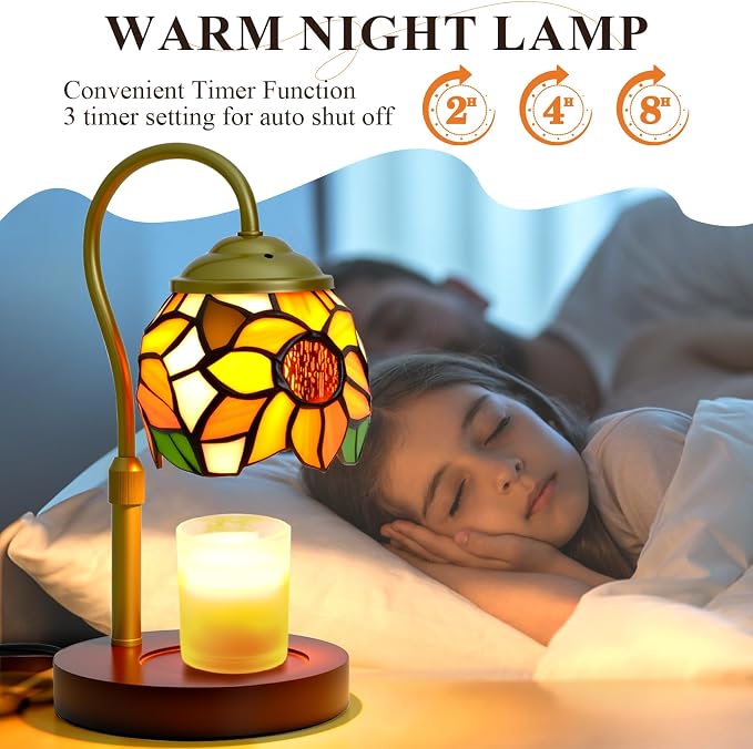 Candle Warmer Lamp - Electric Candle Lamps Timer Dimmer, Sunflower Tiffany Style Stained Glass Candle Warming Lamp Compatible with Jar Candles Valentine Birthday Gifts for Mom Friend Wax Melt Warmer