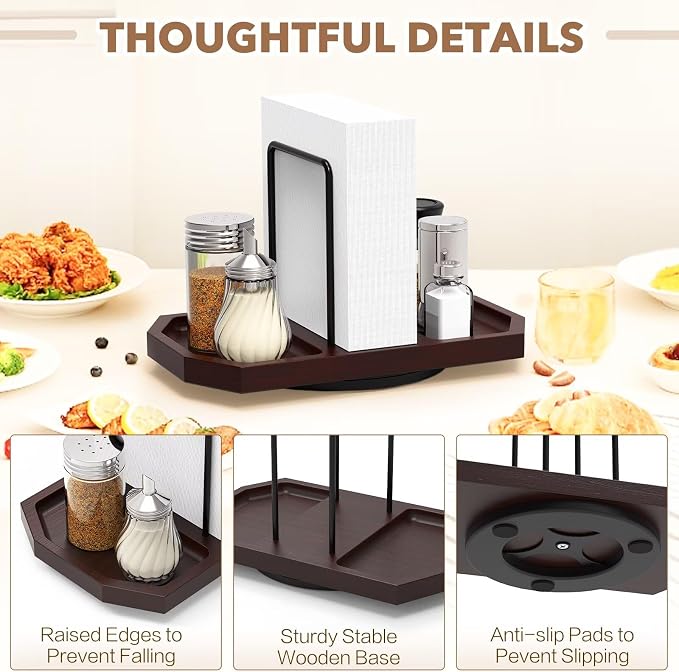 Napkin Holder for Table, Rotating Napkin Dispenser with Salt and Pepper Shakers Storage, Standing Paper Napkin Organizer for Kitchen Dining Table Decor (1, Brown)