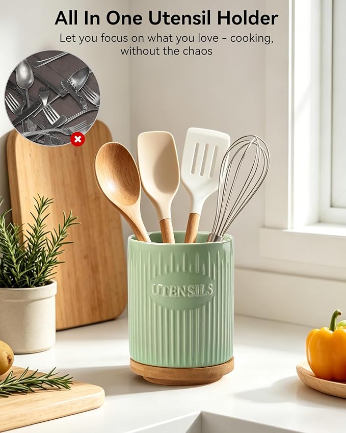360° Rotating Utensil Holder, 7.6" Large Ceramic Kitchen Utensil Holder for Countertop with Rotatable Bamboo Base, Stable Cooking Utensil Crock, Farmhouse kitchen Decor, Green