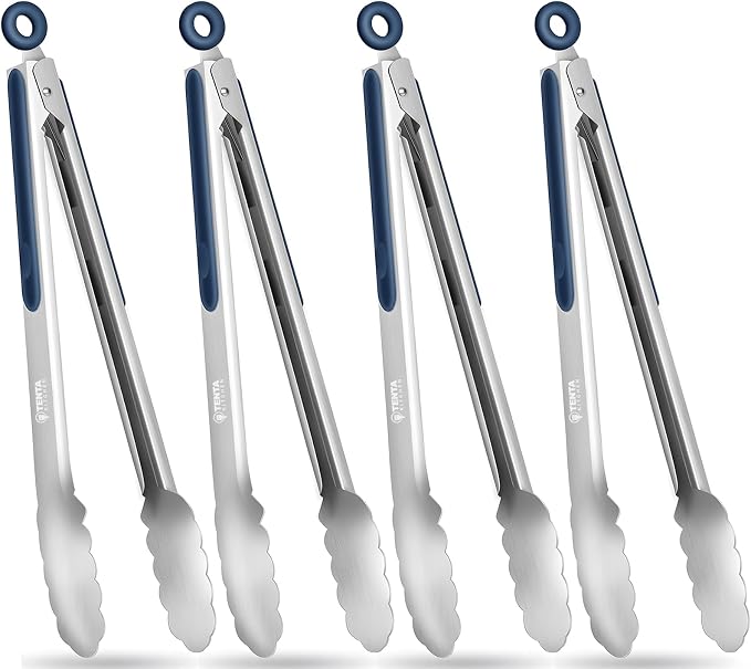 Tongs for Cooking, 12-Inch Stainless Steel Kitchen Tongs, Locking Metal Food Tongs with Silicone Non-Slip Grip, Kitchen Utensils for Food, Salad and Outdoor BBQ, Set of 4 (Midnight Blue)