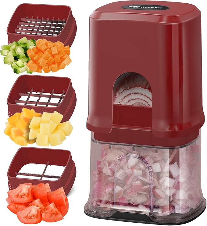 KEOUKE Multifunctional Vegetable Chopper Red - 3 Interchangeable Blades Potato French Fry Cutter with Container & Storage Box Food Chopper Dicer for Cucumber, Tomato, Carrot, Onion