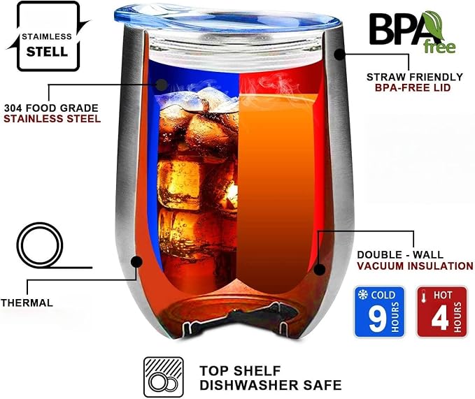 12 oz Stainless Steel Wine Tumbler Stemless Glasses with Lid, Double Wall Insulated Travel Mug Perfect for Wine, Coffee, Drinks, Champagne, Cocktails(Black)
