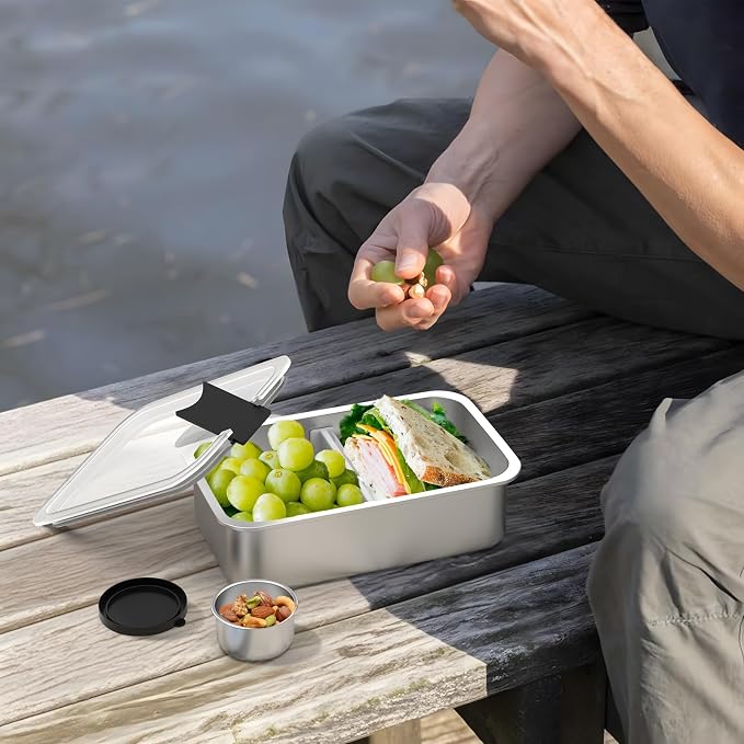 Bakpoco Stainless Steel Bento Lunch Box, 42oz Leak-Proof Metal Lunch Box Containers, Microwave-Safe, with Adjustable Divider, Convenient Lunchbox for Work, Travel