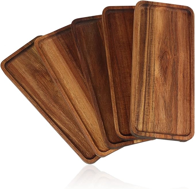 Wooden Serving Platter, 9.8 x 5.1 Inch, Set of 5, Acacia Wood Tray, Perfect for Serving Charcuterie, Desserts, Dips, Sushi, Parties, Family Gatherings, Weddings, and Home Decor, by GNIEMCKIN.