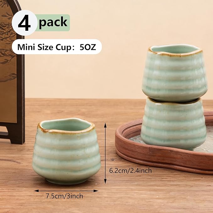 4pcs Japanese Tea Cup Set – Mini Size Cup 5OZ Ceramic Matcha Cup, Handless Espresso Cups, Cute Small Porcelain Coffee Mugs for Coffee Tea Lovers, Dishwasher & Microwave Safe (Mint)