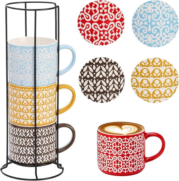 Hiceeden Set of 4 Stackable Coffee Mugs with Rack, 15 oz Colorful Ceramic Coffee Mugs with Metal Stand, Coffee Cup Set for Espresso, Cocoa, Latte, Americano, Cappuccino, Tea, Milk, Multi-colored