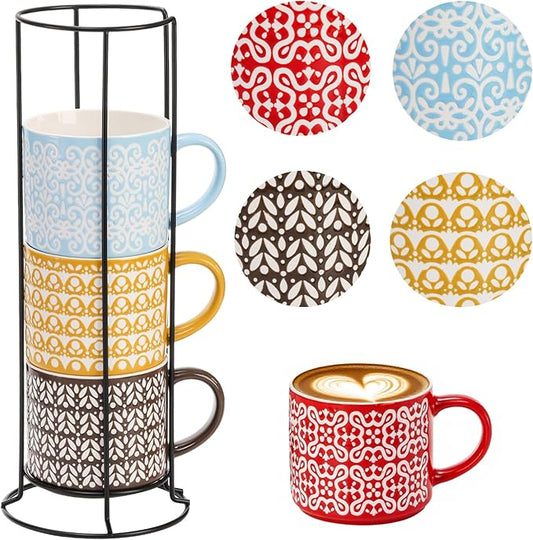 Hiceeden Set of 4 Stackable Coffee Mugs with Rack, 15 oz Colorful Ceramic Coffee Mugs with Metal Stand, Coffee Cup Set for Espresso, Cocoa, Latte, Americano, Cappuccino, Tea, Milk, Multi-colored