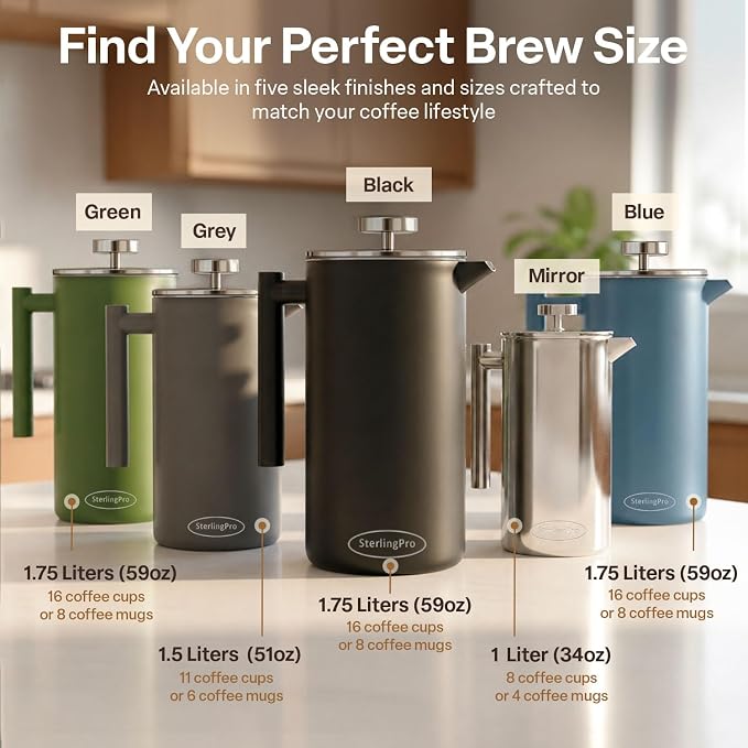 SterlingPro Non-Toxic Extra Large Insulated Stainless Steel French Press Coffee Maker 59oz – Metal XXL Double Wall French Press | Plastic Free | Cool-Touch | Blue Finish | Makes up to 16 Cups / 8 Mugs