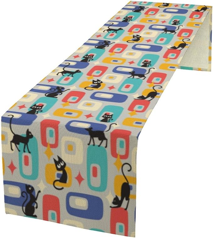 Mid Century Modern Table Runner, Black Cat Abstract Atomic Starburst Geometric Diamond for Kitchen Dining Decor for Kitchen Family Dinner Table Holiday Party Farmhouse 13 x 60 in