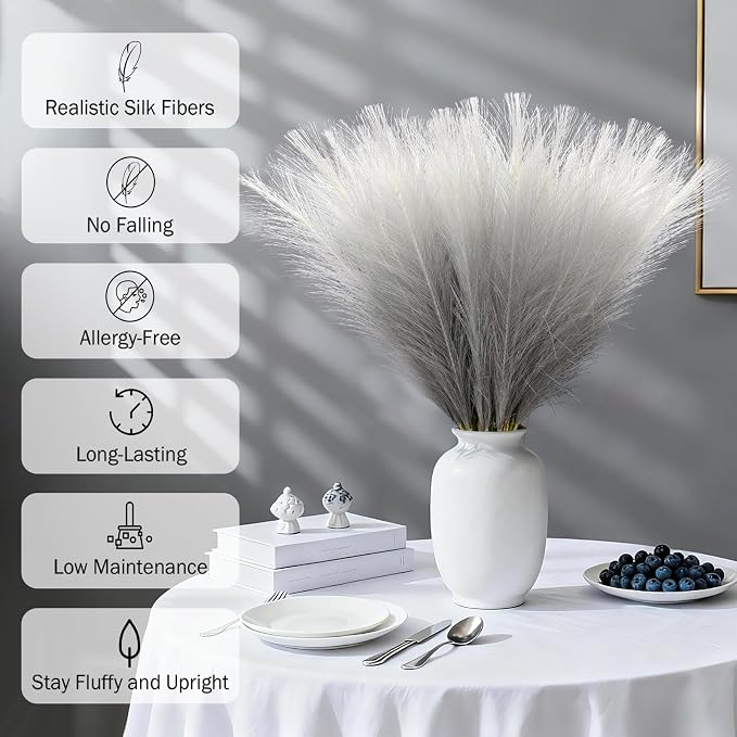 TORONTOKYO Gradient Grey Pampas Grass Decor, 50Pcs 21.6 inch Artificial Faux Pompas Grass Small Fluffy Arrangement for Wedding Boho Home Decor Vase Filler