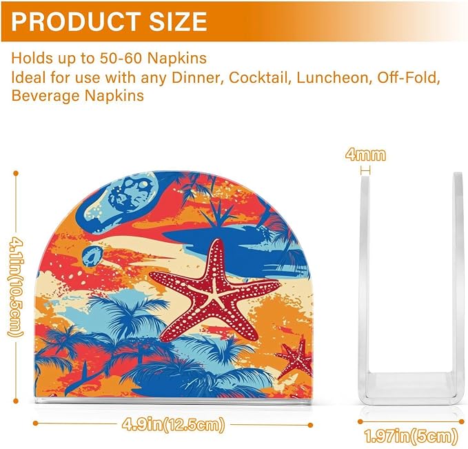 Napkin Holder Acrylic Napkin Holder for Table Kitchen Party Restaurant U Shaped Upright Napkin Dispenser Organizer Bright Summer Beach Starfish and Palm Tree