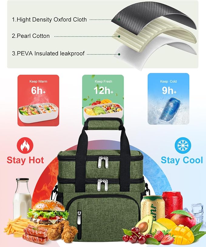 Insulated Lunch Bag for Men & Women, Double Leakproof Lunch Box Soft Cooler Tote with 5 Pockets, 600D Oxford, EVA Lining, Adjustable Strap for Work, Picnic, Beach&Travel-Army Green