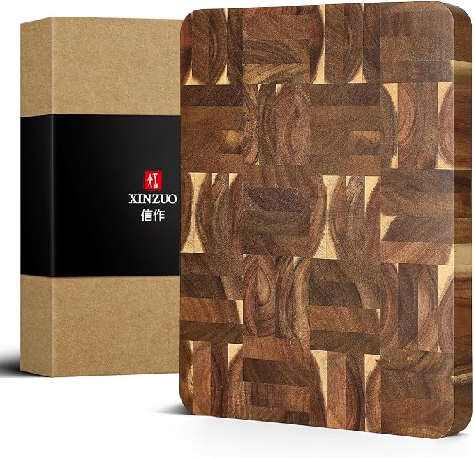 XINZUO Large Thick End Grain Acacia Wood Cutting Board -(16‘’L x 12''W x 1.6''T)-Dark Wood Cutting Board,Reversible Wooden Chopping Board with Non-Slip Feet-Catches Food and Waste-Giftbox