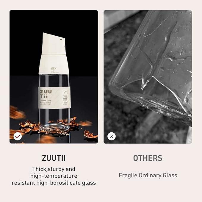 Zuutii Olive Oil Dispenser, Drip Free Spout Oil Container for Kitchen.Vinegar Dispenser, Glass Bottle for Cooking,500ML,Light Cream