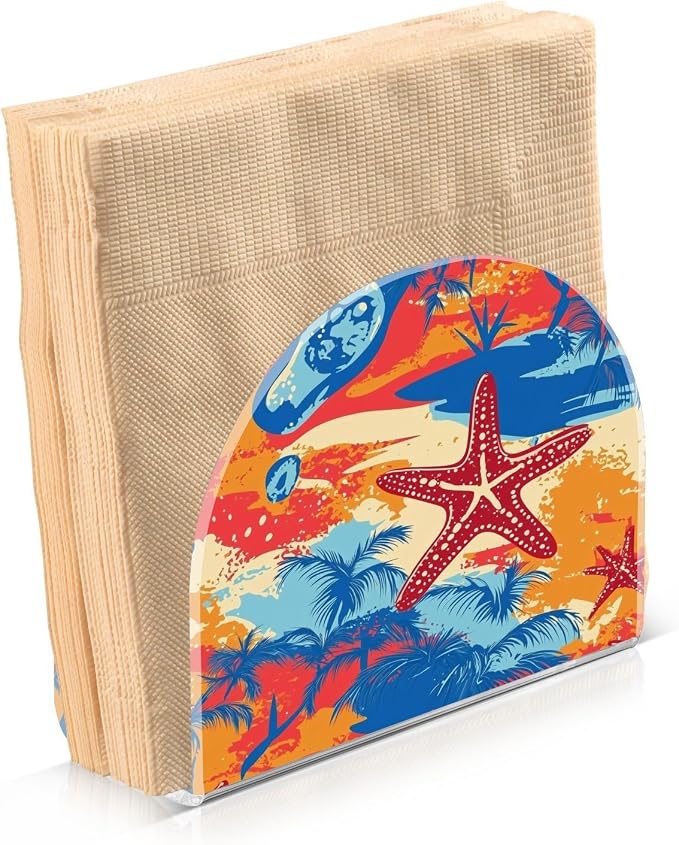 Napkin Holder Acrylic Napkin Holder for Table Kitchen Party Restaurant U Shaped Upright Napkin Dispenser Organizer Bright Summer Beach Starfish and Palm Tree