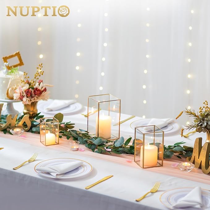 NUPTIO Candle Lantern for Wedding Centerpiece: 18 Pcs Clear Hurricane Glass Pillar Candles Holder with Gold Frame Bulk Decorative Candle Lanterns for Christmas Dining Table Decor 8.1 & 6.5 & 4.7 inch