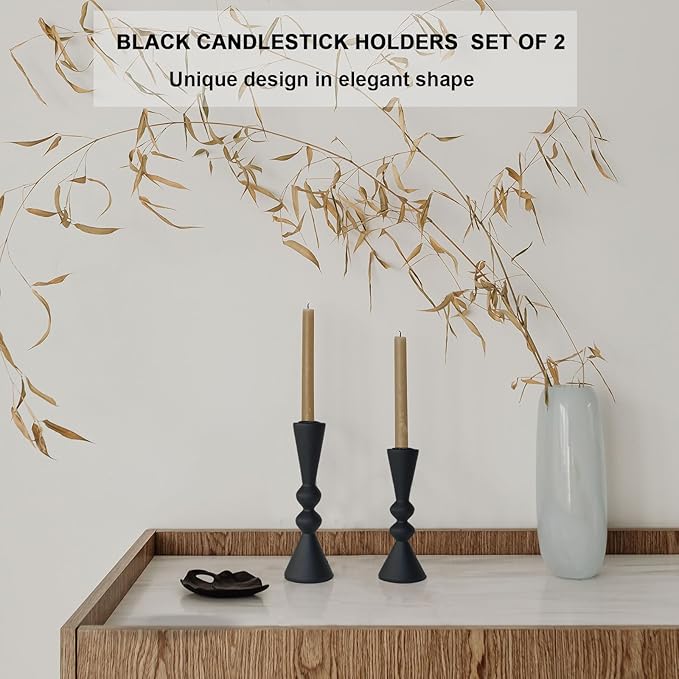 Candle Holder Black Candlestick Holders,Taper Candle Holders Set of 2- Candle Sticks Holder Decor for Home,Small Modern Wood Candle Stick Candle Holder for Candlesticks（7.5"/6" H）