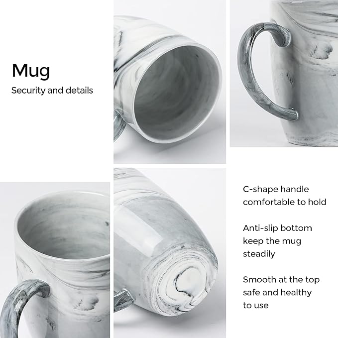 14 OZ Marble Coffee Mugs, M067 Novelty Marble Ceramic Cup for Home and Office, Microwave Dishwasher Safe, Set of 4, Gray