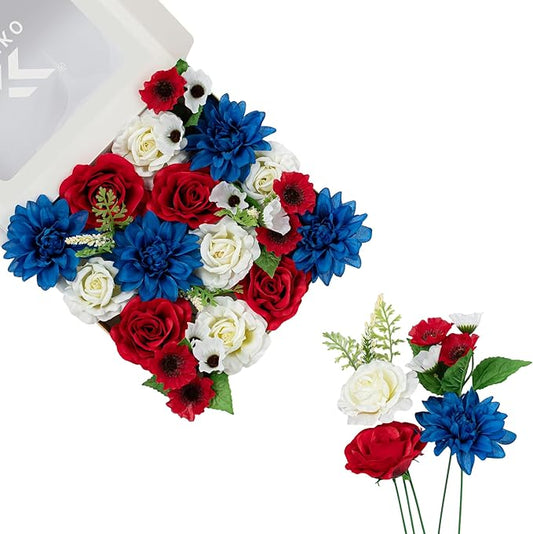 FANKO Artificial Flowers for DIY, Red White Blue Faux Flowers Bouquet, Fake Rose Poppy Dahlia Silk Flowers for 4th of July, Home Decor, Garland, Patriotic Holidays, Memorial Day, Summer Party