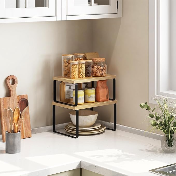 HOOBRO Cabinet Organizer Shelf, Set of 2, Kitchen Countertop Organizer, Kitchen Countertop Shelf, Spice Rack for Counter, Stackable, Expandable for Cabinet, Kitchen, Natural and Black BN33TL01