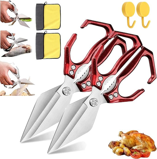 Multifunctional Heavy-Duty Kitchen Shears, Heavy Duty Kitchen Scissors with Ergonomic Handle,High-Carbon Steel Japanese Scissors for Chicken,Meat,Seafood,Bone Cutting (2*Red)
