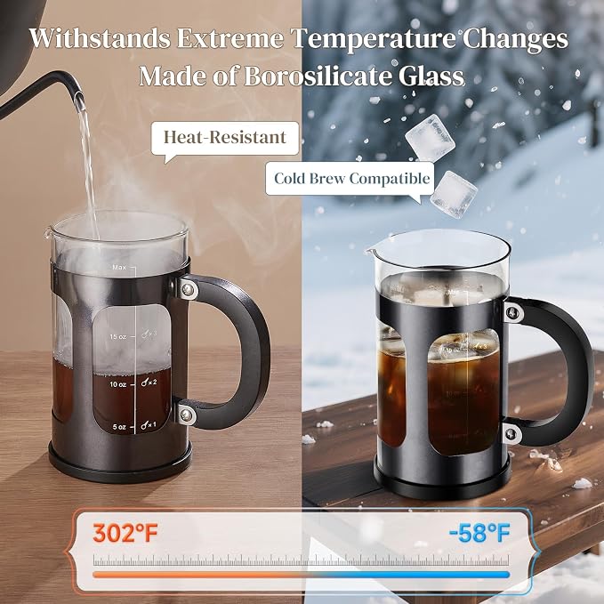Veken French Press Coffee Maker,No Plastic Touches Cafe,21oz 0.6L Small Pot | Heat Resistant Thickened Borosilicate Glass Stainless Steel Brewer, Single Serve,Kitchen,Travel,Camping,Tea,Gifts,Dark Pewter