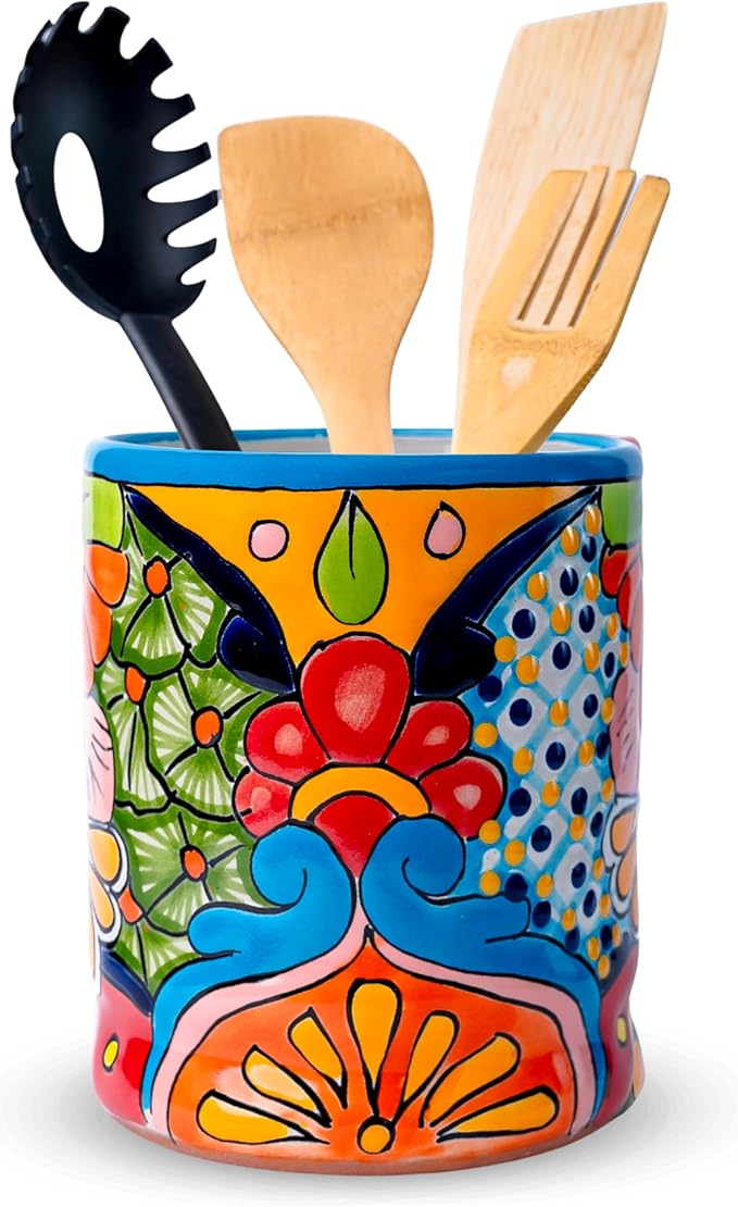 Talavera Utensil Holder - Hand Painted Ceramic Spoon Crock - Colorful Utensil Crock - Large Mexican Spoon Rest 6" H (Turquoise)